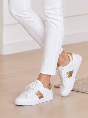 Michael Kors White Gold Logo Low-Top Leather Sneakers